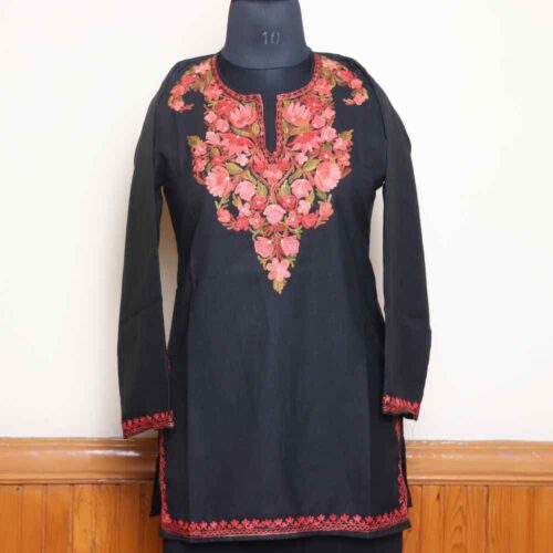 Elegent Aari Work Kashmiri Summer Cool Short Black Kurti | Pahalgam Collection