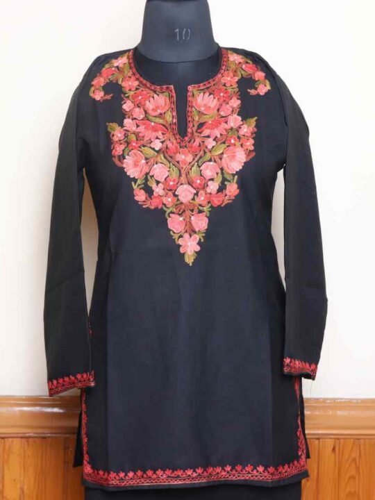 Elegent Aari Work Kashmiri Summer Cool Short Black Kurti | Pahalgam Collection
