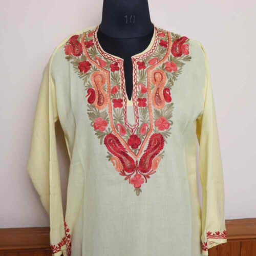 Kashmiri Pastel Yellow Summer Cool Long Kurti with Aari Embroidered Detailing | Pahalgam Collection