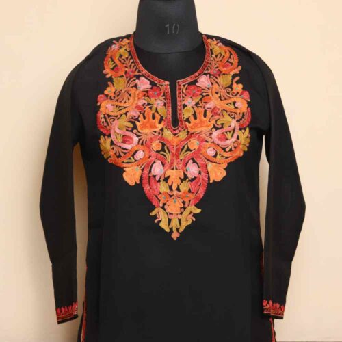 Kashmiri Aari Embroidered Black Long Summer Cool Kurti | Pahalgam Collection