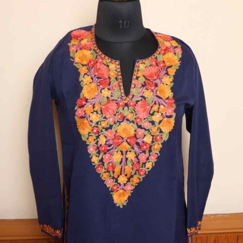 Kashmiri Blue Aari Embroidered Summer Cool Long Kurti | Pahalgam Collection