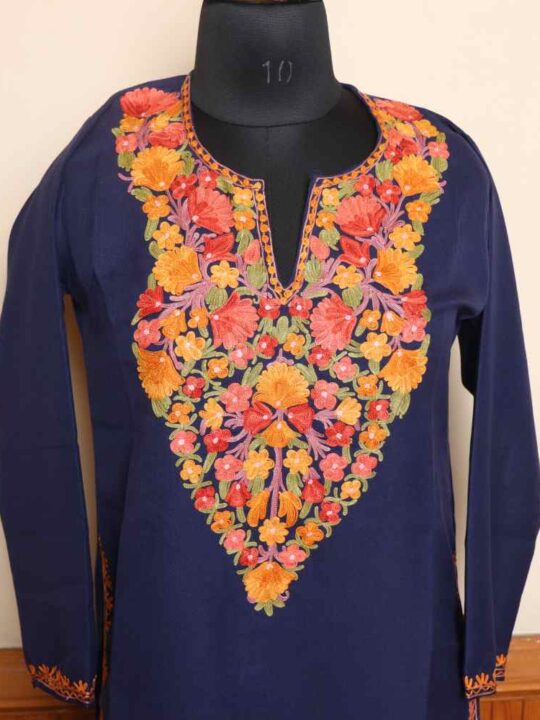 Kashmiri Blue Aari Embroidered Summer Cool Long Kurti | Pahalgam Collection