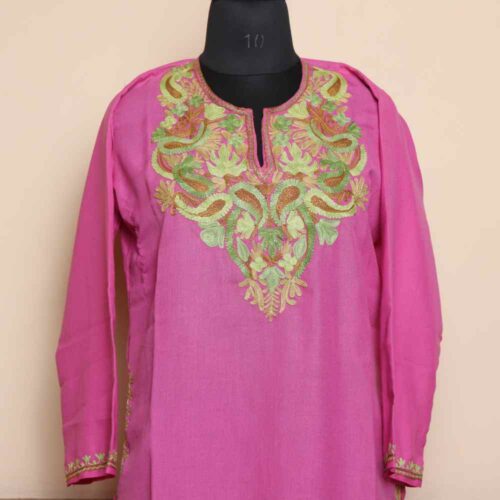 Hot-Pink Kashmiri Aari Embroidered Long Summer Cool Kurti | Pahalgam Collection