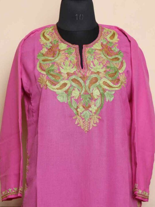 Hot-Pink Kashmiri Aari Embroidered Long Summer Cool Kurti | Pahalgam Collection