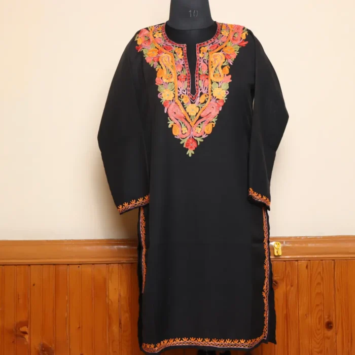 Elegant Black Aari Embroidery Kashmiri Long Summer Cool Kurti | Pahalgam Collection - Image 2