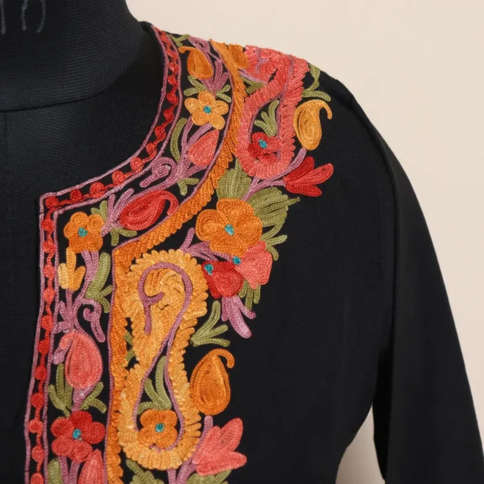 Elegant Black Aari Embroidery Kashmiri Long Summer Cool Kurti | Pahalgam Collection - Image 3
