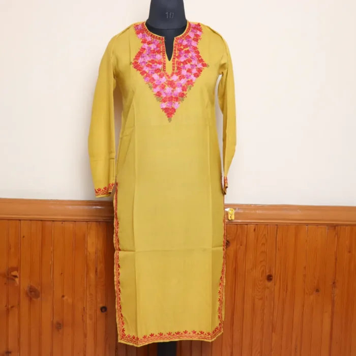 Yellow Kashmiri Long Summer Cool Kurti with Fine Aari Work | Pahalgam Collection - Image 2