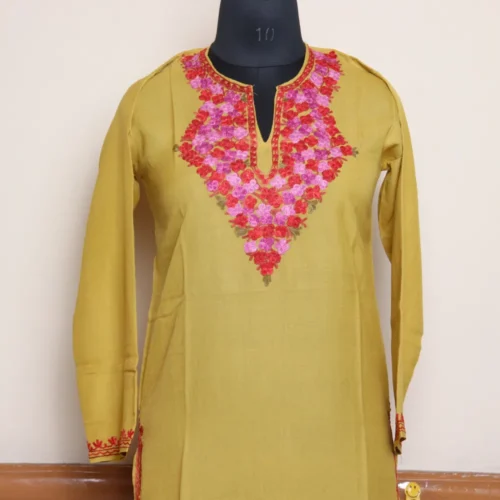 Yellow Kashmiri Long Summer Cool Kurti with Fine Aari Work | Pahalgam Collection