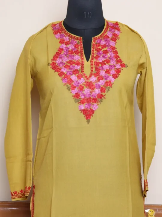 Yellow Kashmiri Long Summer Cool Kurti with Fine Aari Work | Pahalgam Collection