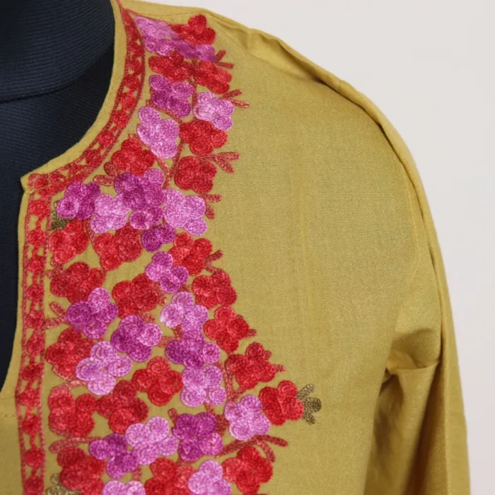 Yellow Kashmiri Long Summer Cool Kurti with Fine Aari Work | Pahalgam Collection - Image 3