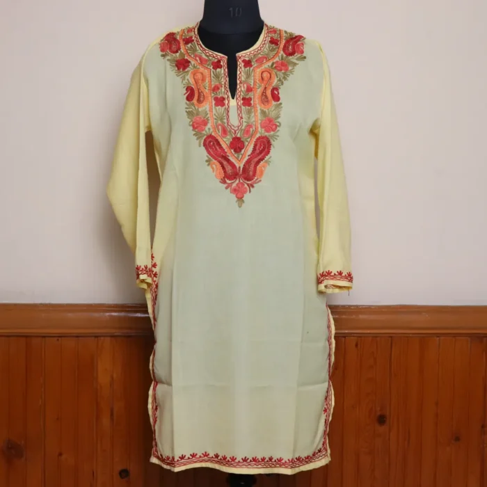 Kashmiri Pastel Yellow Summer Cool Long Kurti with Aari Embroidered Detailing | Pahalgam Collection - Image 2