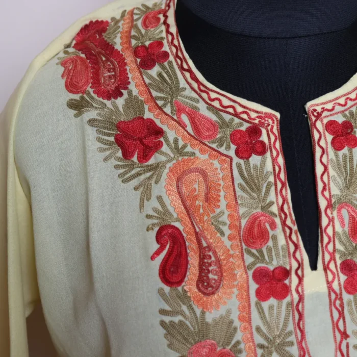 Kashmiri Pastel Yellow Summer Cool Long Kurti with Aari Embroidered Detailing | Pahalgam Collection - Image 3
