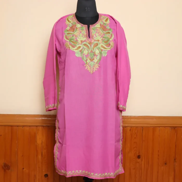 Hot-Pink Kashmiri Aari Embroidered Long Summer Cool Kurti | Pahalgam Collection - Image 2