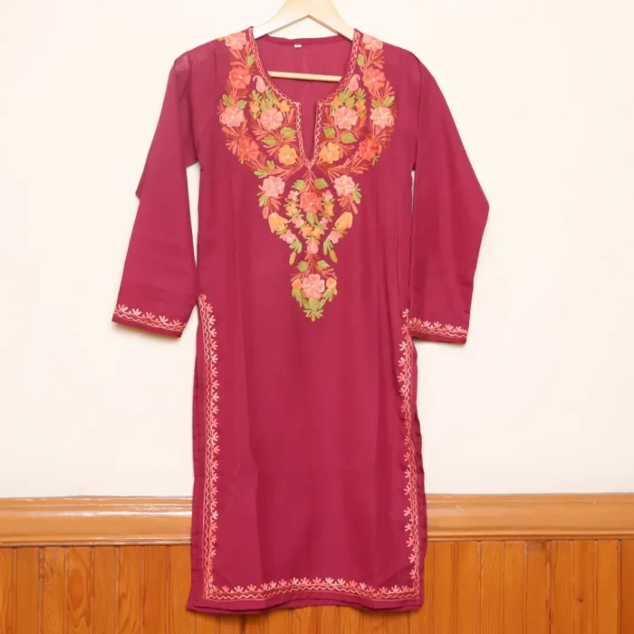 Kashmiri Maroon Color Big Neck Aari Work Long Kurti in Summer Cool | Pahalgam Collection - Image 3