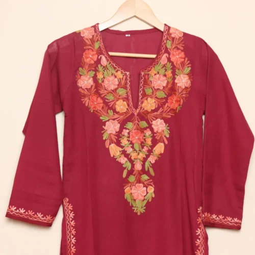 Kashmiri Maroon Color Big Neck Aari Work Long Kurti in Summer Cool | Pahalgam Collection