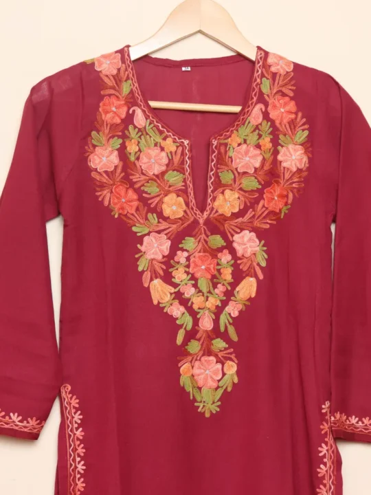 Kashmiri Maroon Color Big Neck Aari Work Long Kurti in Summer Cool | Pahalgam Collection