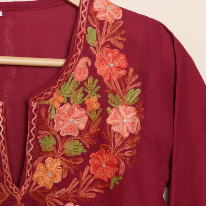 Kashmiri Maroon Color Big Neck Aari Work Long Kurti in Summer Cool | Pahalgam Collection - Image 4