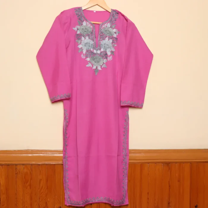 Pinkish Soft Aari Work Kashmiri Long Kurti | Pahalgam Collection - Image 3