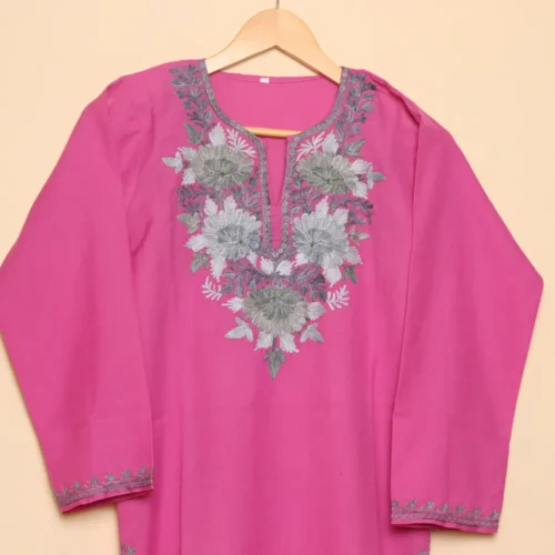 Pinkish Soft Aari Work Kashmiri Long Kurti | Pahalgam Collection