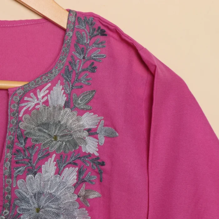 Pinkish Soft Aari Work Kashmiri Long Kurti | Pahalgam Collection - Image 4