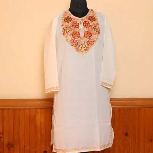 White Creamy Floral Summer Kurta with Aari Embroidery