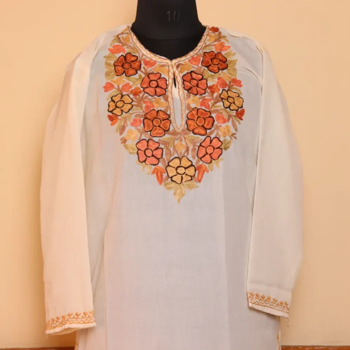 White Creamy Floral Summer Kurta with Aari Embroidery - Image 2