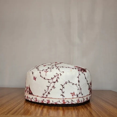 Kohsar Gul White Toosha Cap with Red Hand Sozni Embroidery