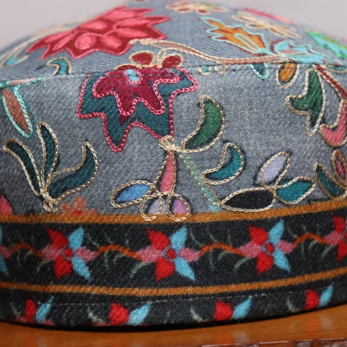 Miraj Kashmiri Grey Toosha Cap with Traditional Kalamkari Work - Image 2
