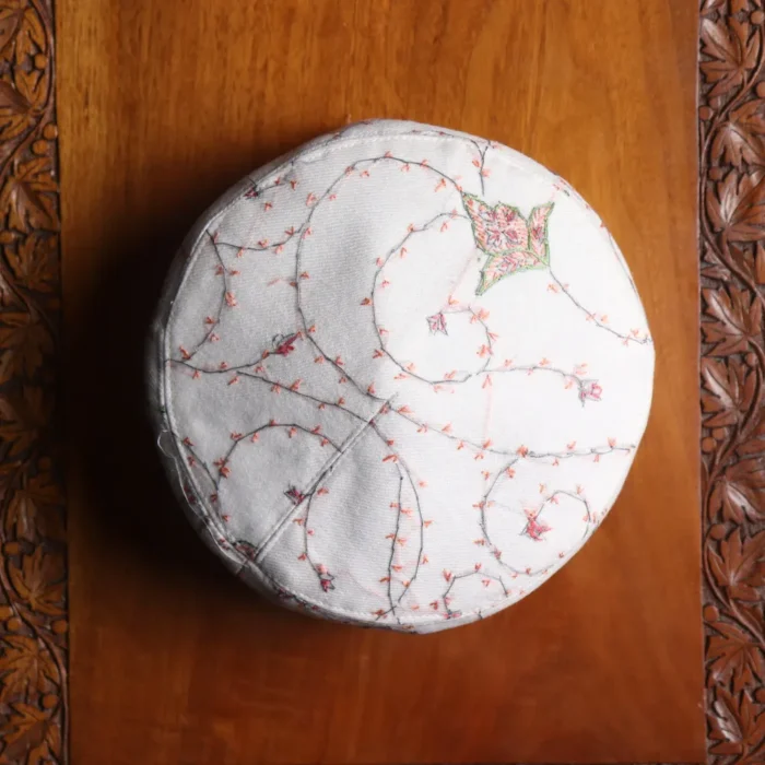 Kohsar Gul White Toosha Cap with Hand Sozni Embroidery - Image 3
