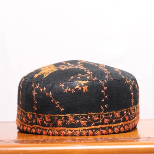Black Darwazai Black Toosha Cap with Hand Sozni Embroidery