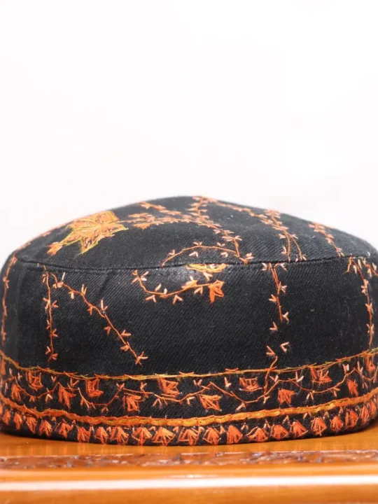 Black Darwazai Black Toosha Cap with Hand Sozni Embroidery