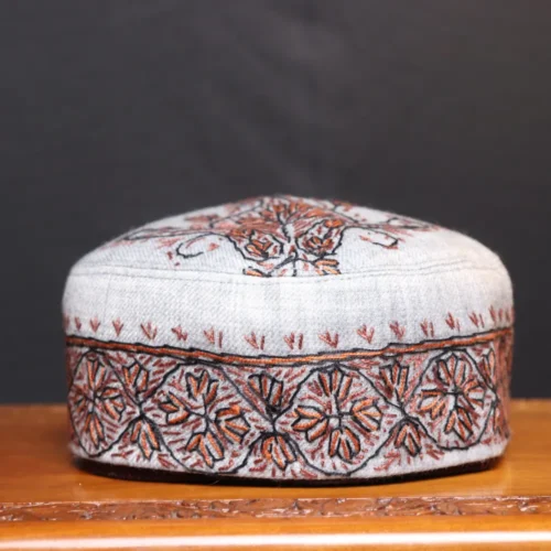 Bulbul Bagh Grey Toosha Cap with Hand Sozni Embroidery