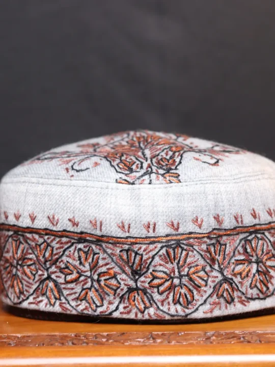 Bulbul Bagh Grey Toosha Cap with Hand Sozni Embroidery