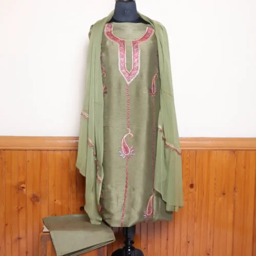 3PC Green Suit Hand Sozni Tillawork Badam Motifs | Sonmarg Collection