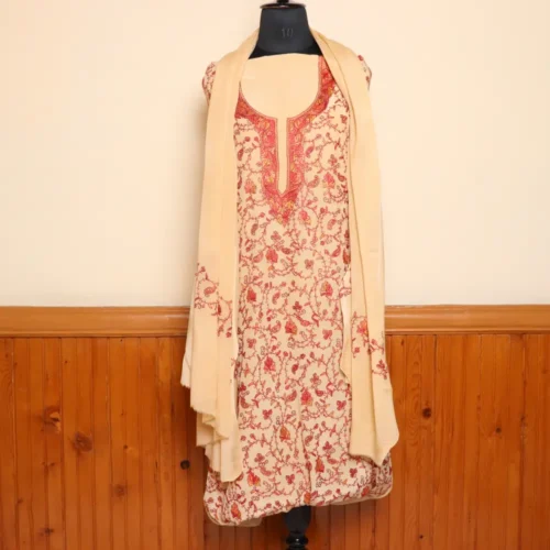 Luxe Cream Color 3PC Hand Sozni Embroidered Crepe Suit | Sonmarg Collection