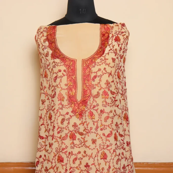 Luxe Cream Color 3PC Hand Sozni Embroidered Crepe Suit | Sonmarg Collection - Image 2