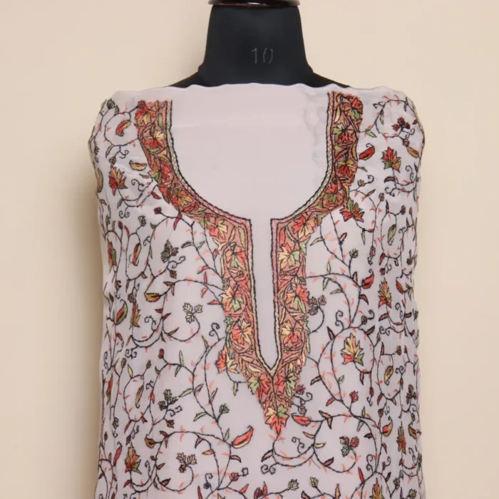 Luxe White 3PC Hand Sozni Embroidered Crepe Suit | Sonmarg Collection - Image 2