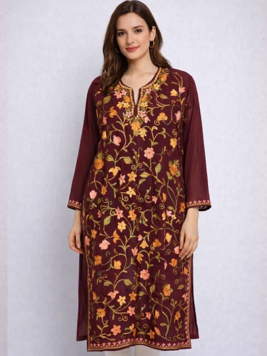 Graceful All Over Aari Worked Wine Georgette Long Kurti from Kashmir - Gulbanoo Collection