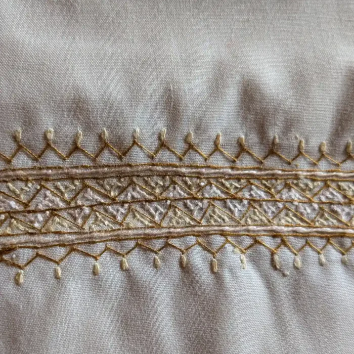 Creamy Kashmiri Ruby Cotton Kurta Pyjama for Men with Fine Sozni Hand Embroidery - Image 2