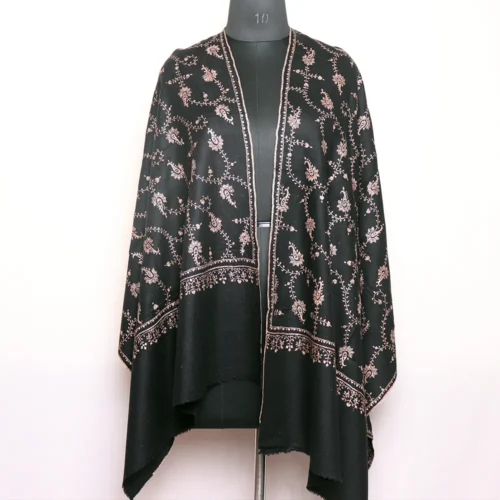 Black Pure Pashmina Stole with Sozni Hand Embroidery – Handwoven Kashmiri Wrap | Soft Luxury Scarf for Women
