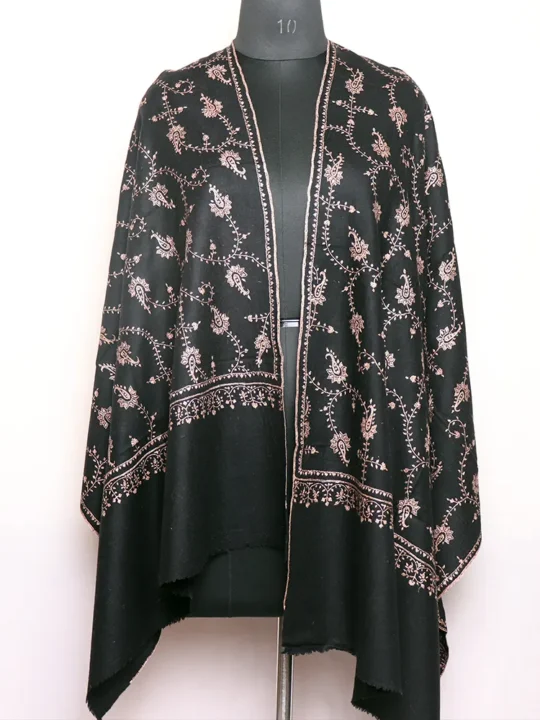 Black Pure Pashmina Stole with Sozni Hand Embroidery – Handwoven Kashmiri Wrap | Soft Luxury Scarf for Women
