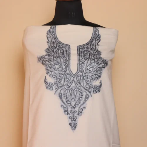 White 2PC Kashmiri Handwork Cotton Aari Suit - Zikrejaan Collection