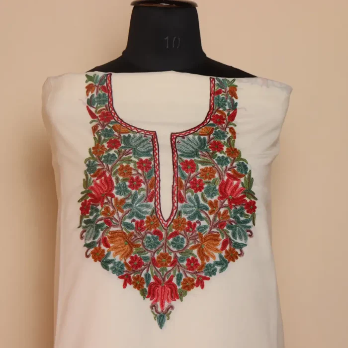 Womens White 2PC Kashmiri Handwork Aari Summer Cool Suit - Zikrejaan Collection