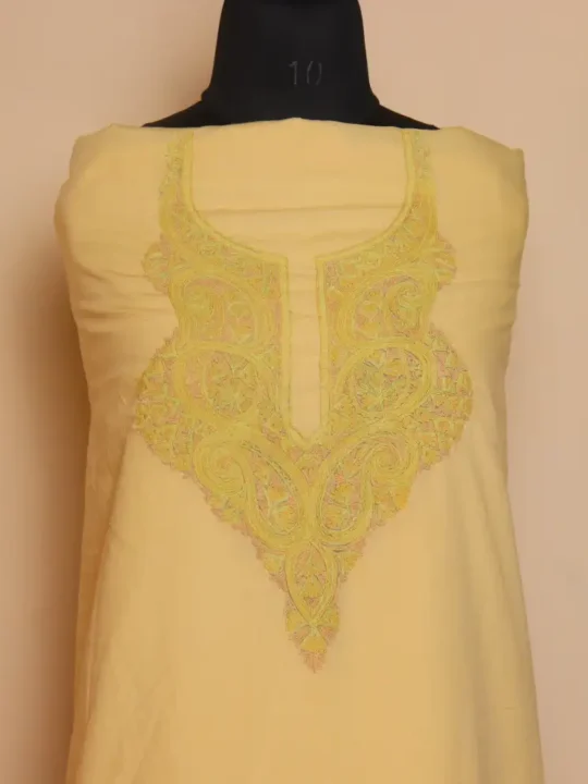 Yellow 2PC Kashmiri Handwork Summer Cool Aari Suit - Zikrejaan Collection