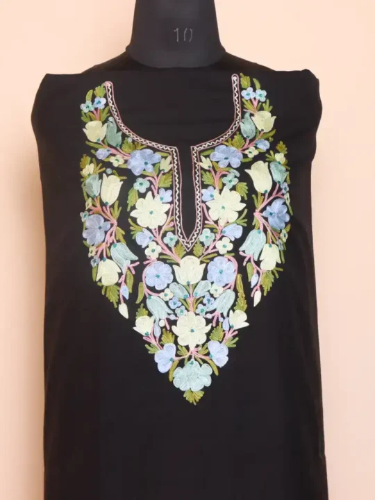 Black Kashmiri 2PC Summer Cool Unstitched Fabric with Aari Embroidery - Zikrejaan Collection