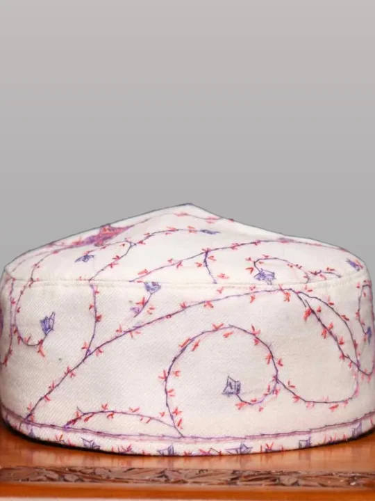 Sada Bahar White Toosha Cap with Hand Sozni Embroidery