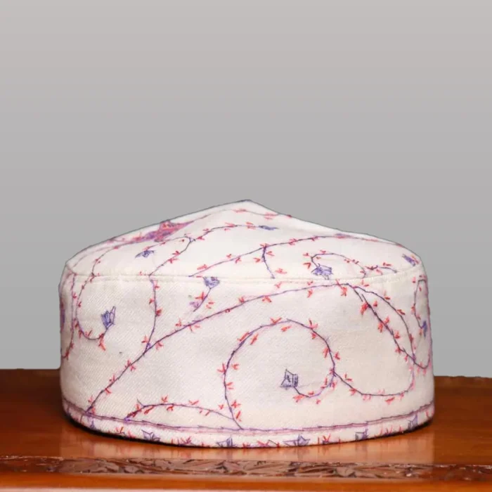 Sada Bahar White Toosha Cap with Hand Sozni Embroidery