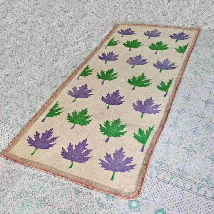 Premium Cream Kashmiri Aari Namda Rug with Blue-Green Chinar Leaves – 7x3 ft