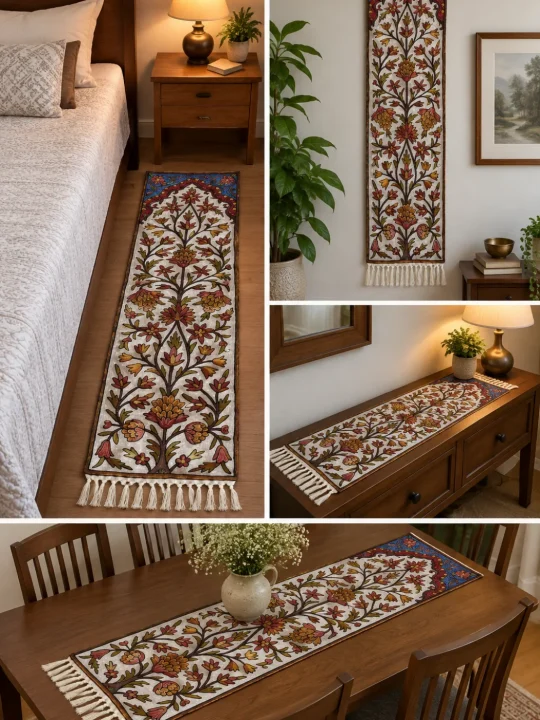 Elegant Chain Stitch Embroidered Runner on Dusooty Cotton – Kashmiri Hand Craft (4×1 ft)