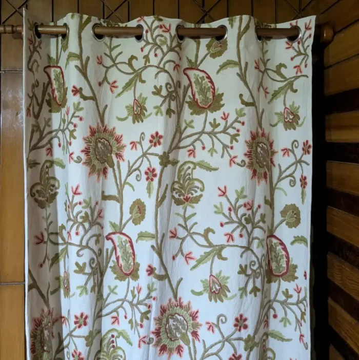 Kashmiri Creamy Premium Cotton Curtain with Hand Crewel Floral Trails